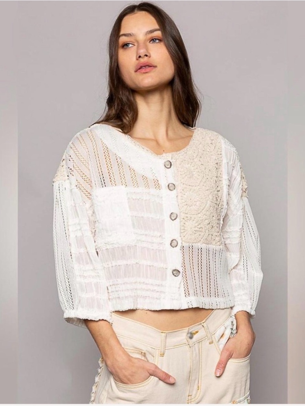POL Boho Patchwork Button-Front Crochet Top in Cream
